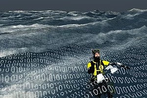 A PERSON IN WETSUIT AND SNORKEL MASK EMERGES FROM A SEA OF ONES AND NOUGHTS