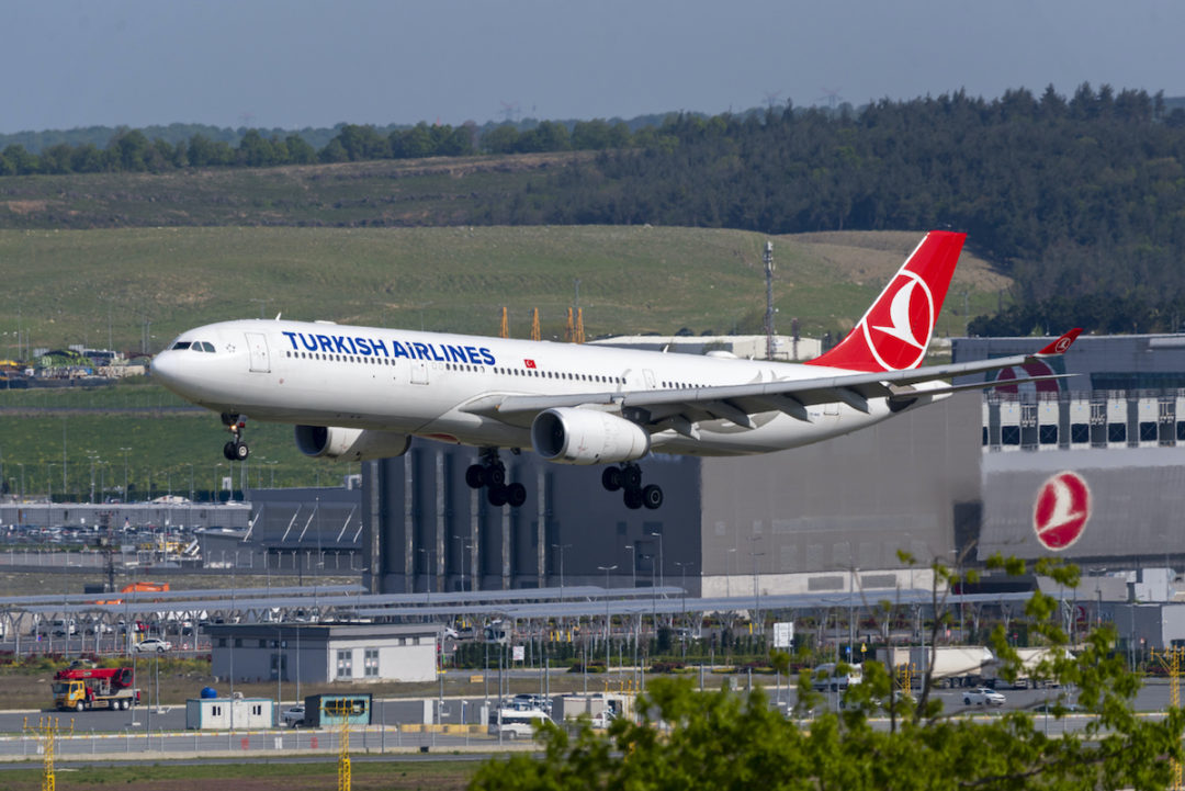 A TURKISH AIRLINES AIRPLANE DEPARTS FROM ISTANBUL GRAND AIRPORT.