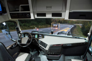 CABIN VIEW OF AN AUTONOMOUS, SELF-DRIVING TRUCK.