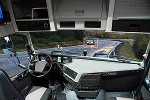 CABIN VIEW OF AN AUTONOMOUS, SELF-DRIVING TRUCK.
