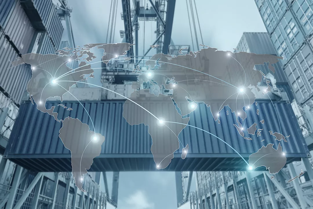 THE CONTINENTS ARE CONNECTED BY DOTS AND LINES IN FRONT OF A CONTAINER BEING LIFTED.