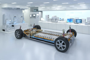 BODY OF AN ELECTRIC VEHICLE WITH BATTERY PAKCS IN IT SITTING IN A LABORATORY.
