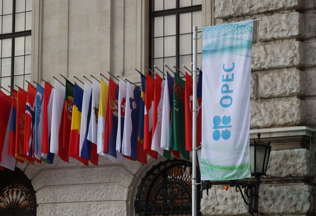 SEVERAL NATIONAL FLAGS ARE IN THE BACKGROUND OF AN IMAGE OF THE OPEC+ FLAG.
