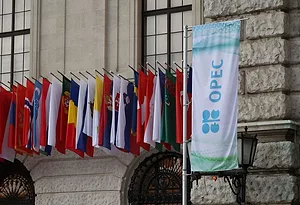 SEVERAL NATIONAL FLAGS ARE IN THE BACKGROUND OF AN IMAGE OF THE OPEC+ FLAG.