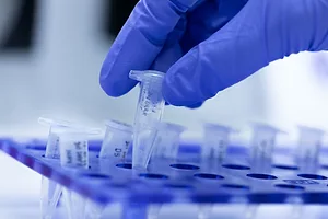 A GLOVED HAND IS SHOWN PUTTING A PCR TEST IN TUBE HOLDERS.