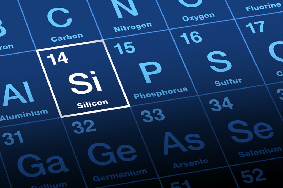 THE ELEMENT SILICON IS HIGHLIGHTED IN WHITE ON A BLUE PERIODIC TABLE.