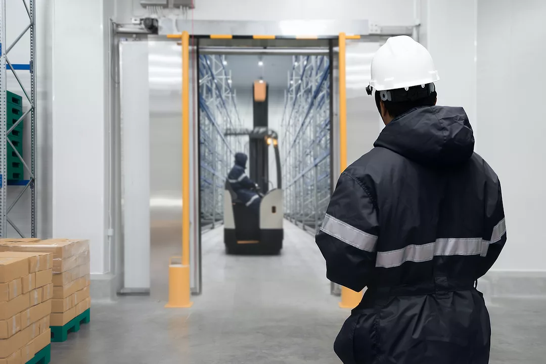 A WAREHOUSE WORKER LOOKS THROUGH A DOOR AT ANOTHER WORKER IN A COLD STORAGE FACILITY ON A FORKLIFT.