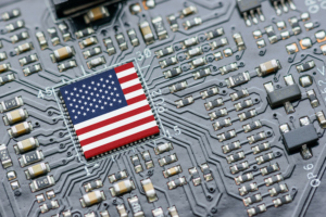AN AMERICAN FLAG IS EMBEDDED ON COMPUTER PROCESSOR.