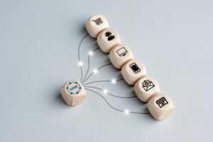 ONE WOODEN BLOCK LABELED OMNI CONNECTS BY STRING TO MULTIPLE BLOCKS WITH SYMBOLS ON THEM REPRESENTING ONLINE PURCHASE, IN STORE PURCHASE ETC.