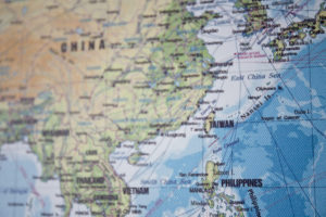 A TOPOGRAPHIC MAP OF EAST ASIA FOCUSES ON THE SOUTH CHINA SEA.