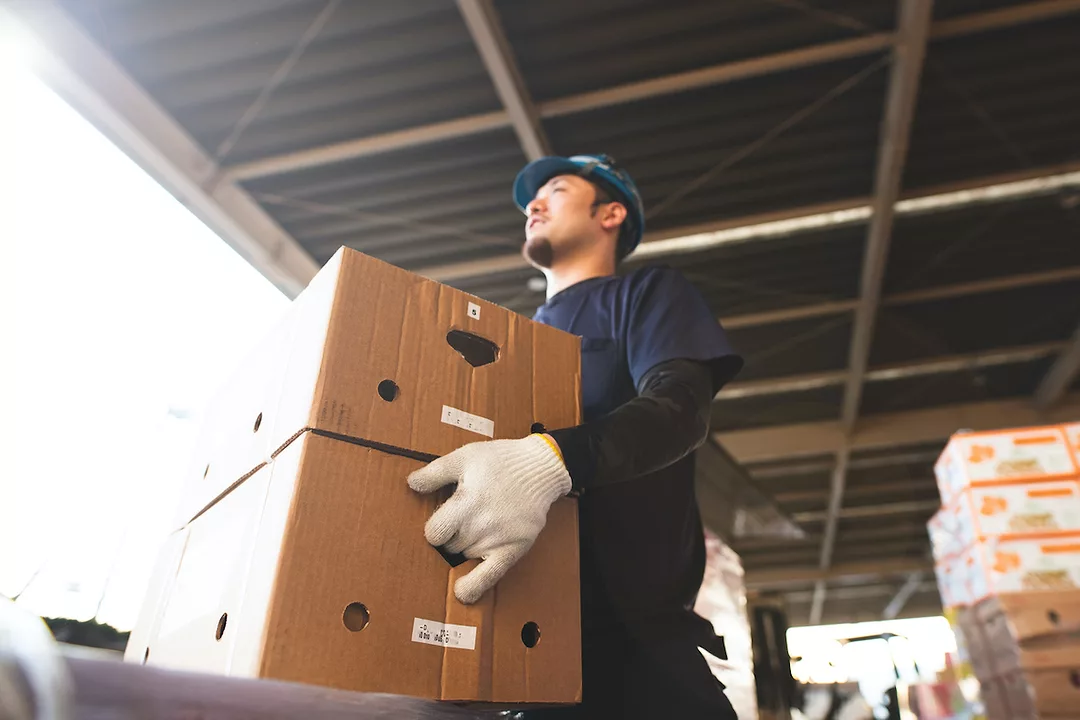 GROUND VIEW OF A PERSON IN A CONSTRUCTION HELMET CARRYING TWO BOXES STACKED ON TOP OF EACH OTHER.