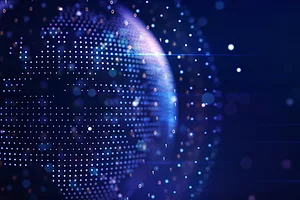 DIGITAL RENDERING OF TECHNOLOGY NETWORKS ACROSS PLANET EARTH ON A BLUE BACKGROUND.