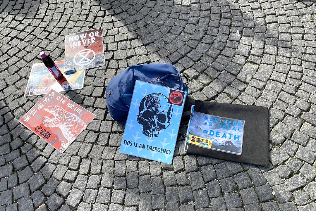 A SERIES OF POSTERS LIES ABANDONED ON A COBBLED STREET, BEARING MESSAGES SUCH AS BUSINESS AS USUAL IS DEATH AND THIS IS AN EMERGENCY