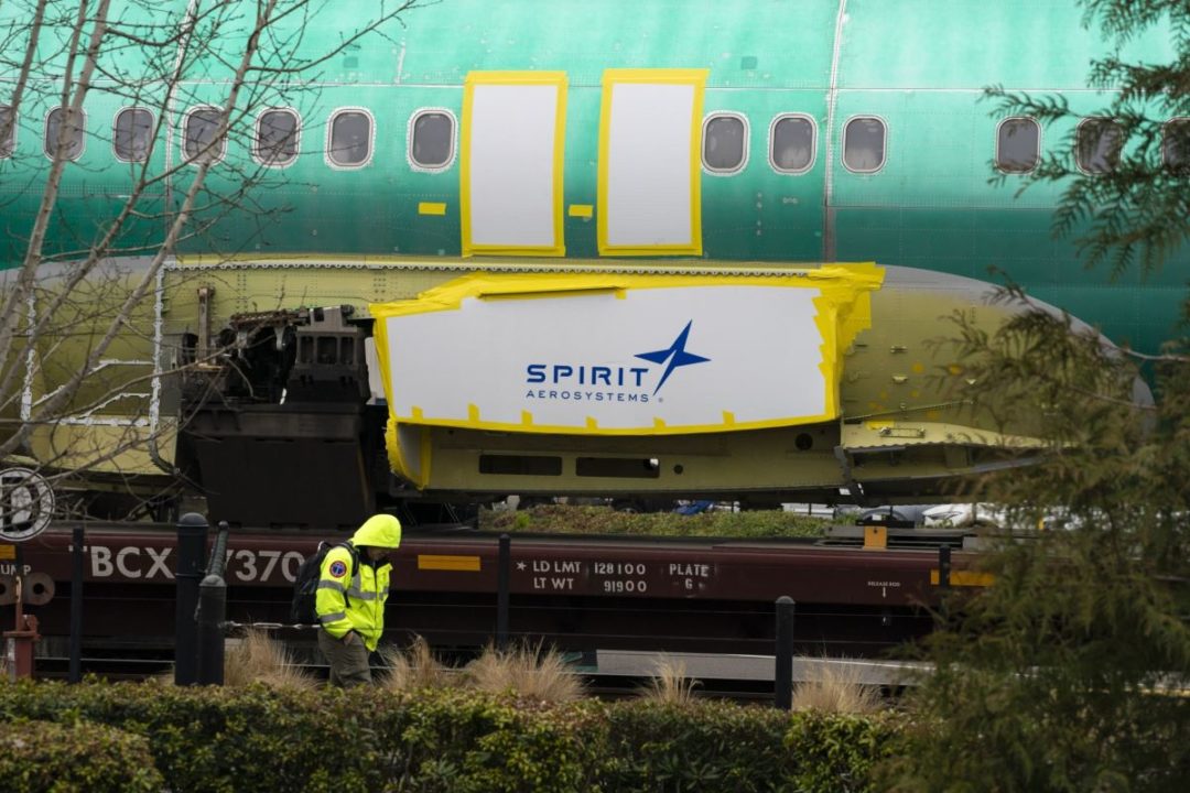Spirit AeroSystems signage on a Boeing 737 fuselage