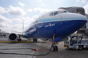 A BLUE AND WHITE STRIPED PLANE SITS ON THE TARMAC, BEARING THE BOEING AND 737 MAX INSIGNIAS