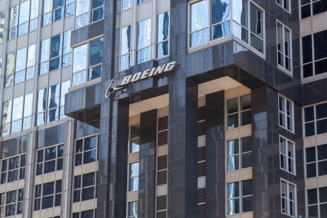 Boeing sign on the building at its headquarters in Chicago
