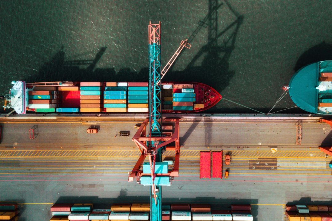 High angle view on a Cargo crane at a container terminal 
