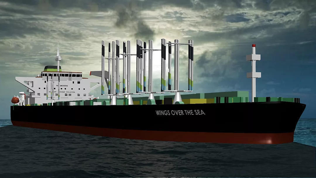 A GRAPHIC REPRESENTATION OF A TANKER WITH SEVERAL TALL UPRIGHT STRUCTURES ATTACHED TO THE DECK