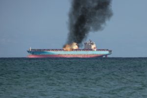 A TANKER ON FIRE AT SEA