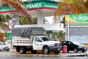 A truck parked in a Pemex gas station in Mexico