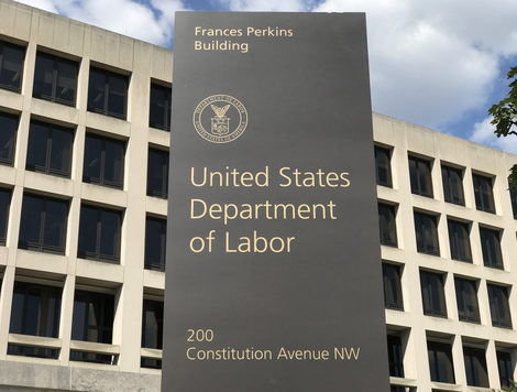 A sign outside the United States Department of Labor building in Washington, D.C.
