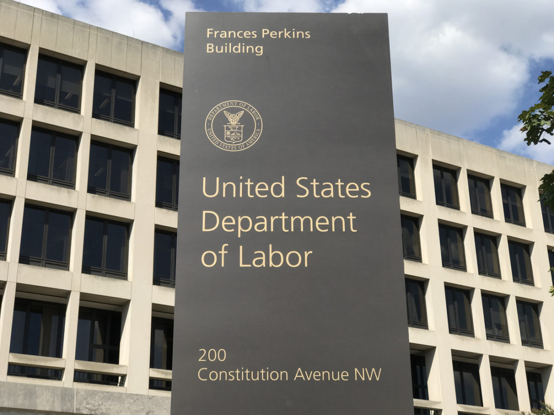 A sign outside the United States Department of Labor building in Washington, D.C.