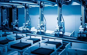 Solar panels on a factory assembly line