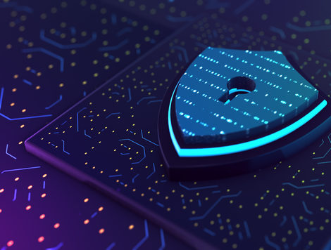 A digital shield with a lock over the top of a purple background