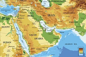 A MULTI-COLORED MAP SHOWS THE RED SEA, PERSIAN GULF AND MEDITERRANEAN