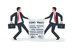 Cartoon of two men in business suits ripping a contract in half.