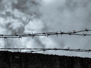 A black and white photo of barbed wire