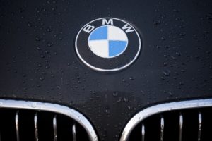 A BMW logo on the front of a car