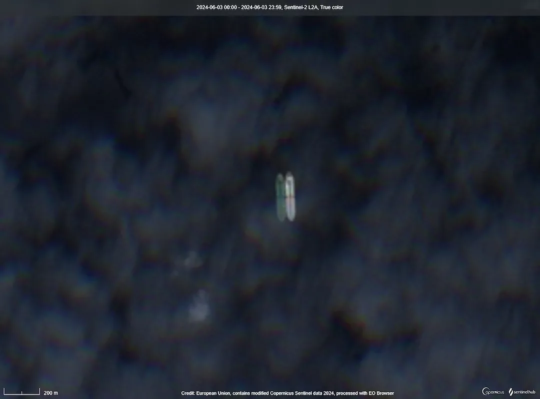 An overhead view of a Russian oil tanker in the ocean