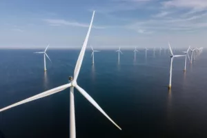 An offshore wind farm in the ocean