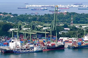 Container ships docked at a port below cranes, with containers stacked up on the shore