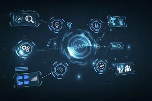 A visualization depicting the letters "SAP" in a circle int he center, connected to other circles surrounding it