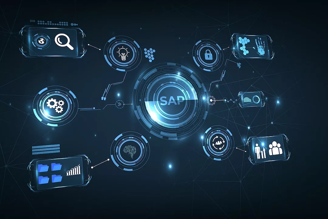 A visualization depicting the letters "SAP" in a circle int he center, connected to other circles surrounding it