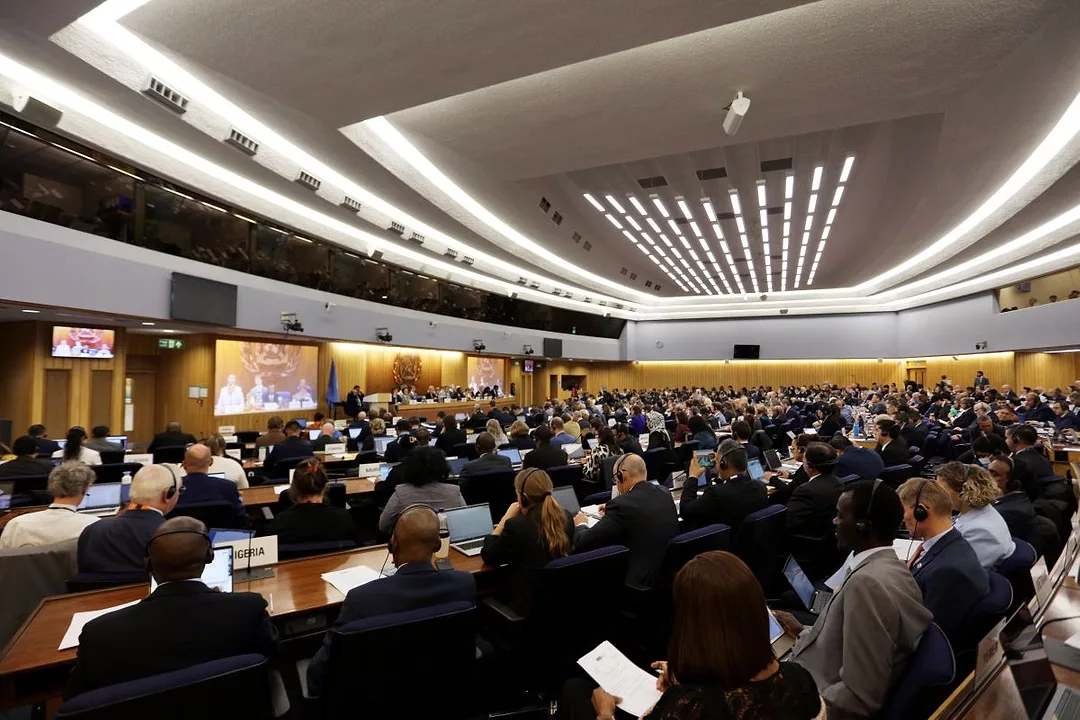 MANY MEN IN DARK SUITS SIT IN ROWS IN A BRIGHTLY LIT ROOM FACING A LARGE SCREEN WITH A MAN TALKING ON IT