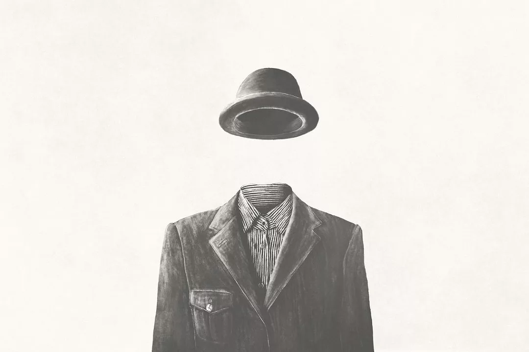 A BLACK AND WHITE DRAWING OF AN EMPTY SUIT, WITH AN EMPTY BOWLER HAT HOVERING OVER IT