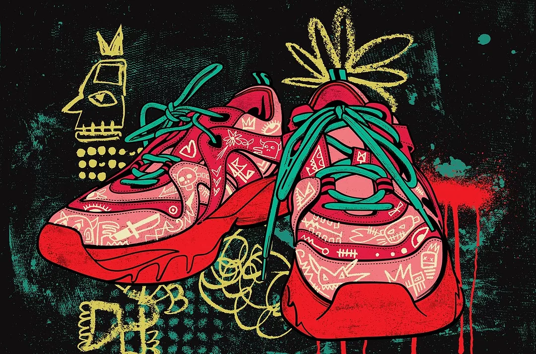 A COLORFUL, POP-ART STYLE PAINTING OF A PAIR OF SNEAKERS, FULL OF ORANGES AND DOODLES