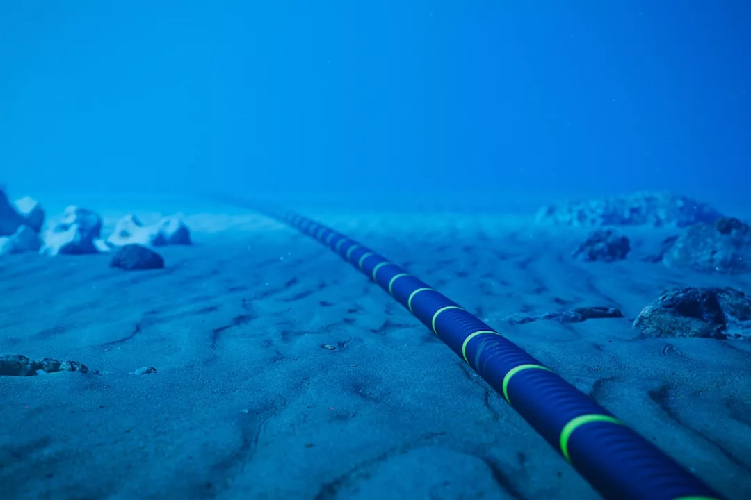 A think blue cable with evenly spaced neon yellow stripes, sitting along a seabed lined with rocky terrain