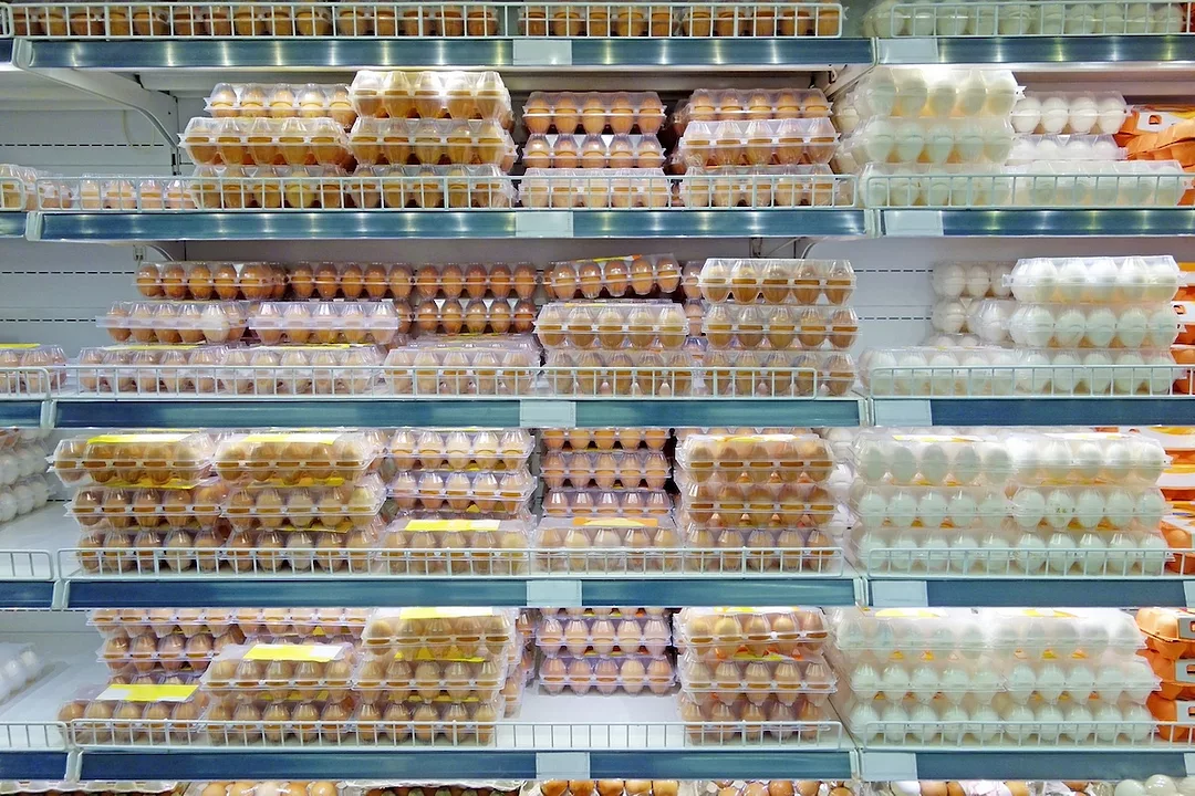 Five shelves in a grocery store dairy aisle filled with cartons of brown and white eggs