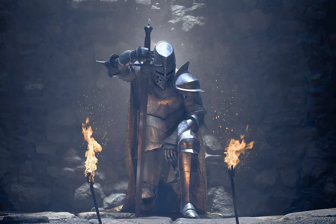 A WARRIOR IN FULL ARMOR KNEELS BEFORE TWO FLAMING TORCHES, WIELDING A SWORD