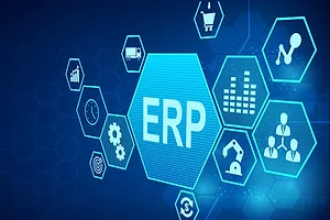 A graphic of connected blue hexagonal icons, with the largest one in the middle reading "ERP" is large white letters