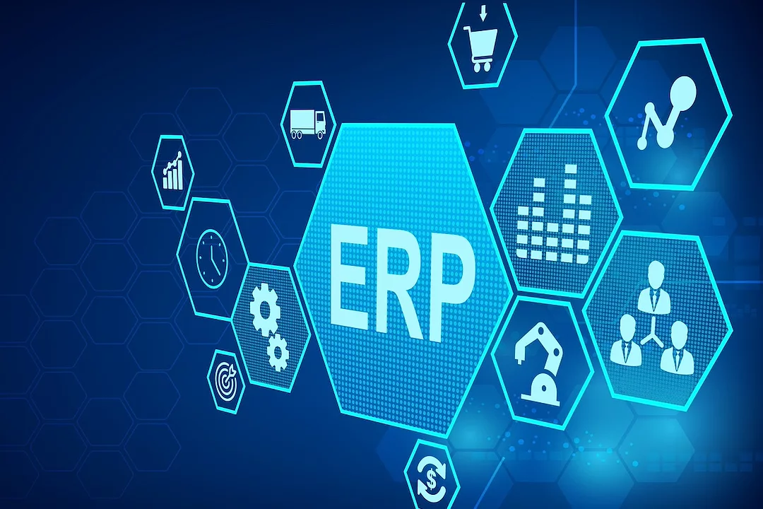 A graphic of connected blue hexagonal icons, with the largest one in the middle reading "ERP" is large white letters