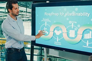 A MAN GESTURES AT A DISPLAY BOARD THAT READS ROADMAP FOR SUSTAINABILITYStock Studio-2149521129.jpg