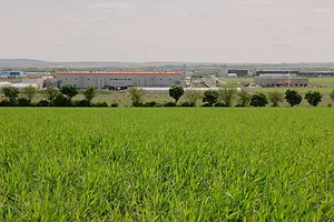 A ONE STOREY FACTORY LIES LOW ACROSS A FIELD