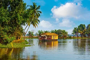 A LOW WOODEN BOAT WITH A ROOF FLOATS ON A WATERWAY THROUGH PALM TREES