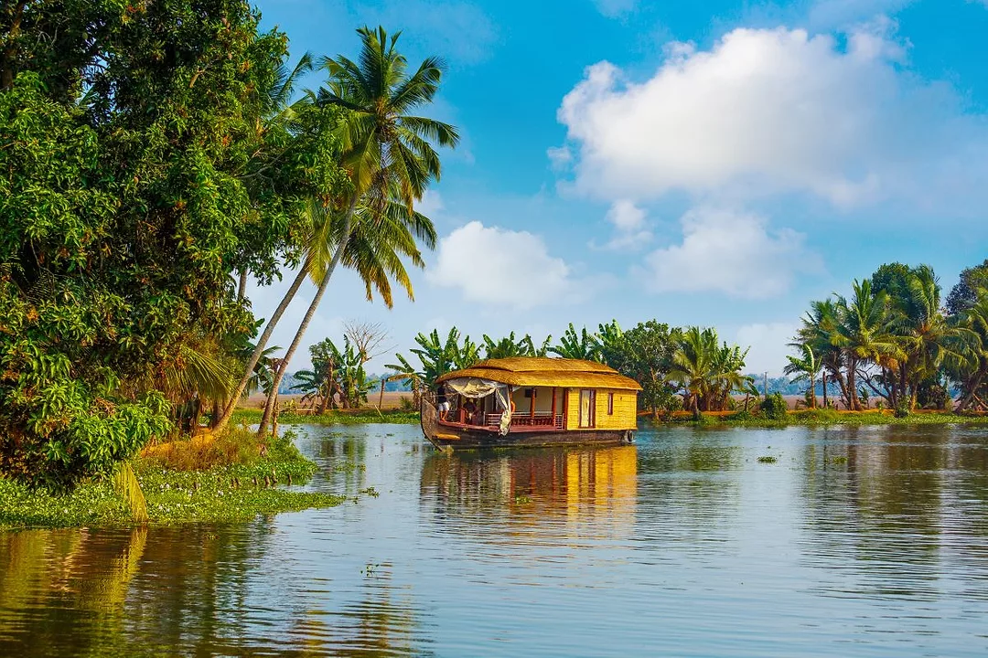 A LOW WOODEN BOAT WITH A ROOF FLOATS ON A WATERWAY THROUGH PALM TREES
