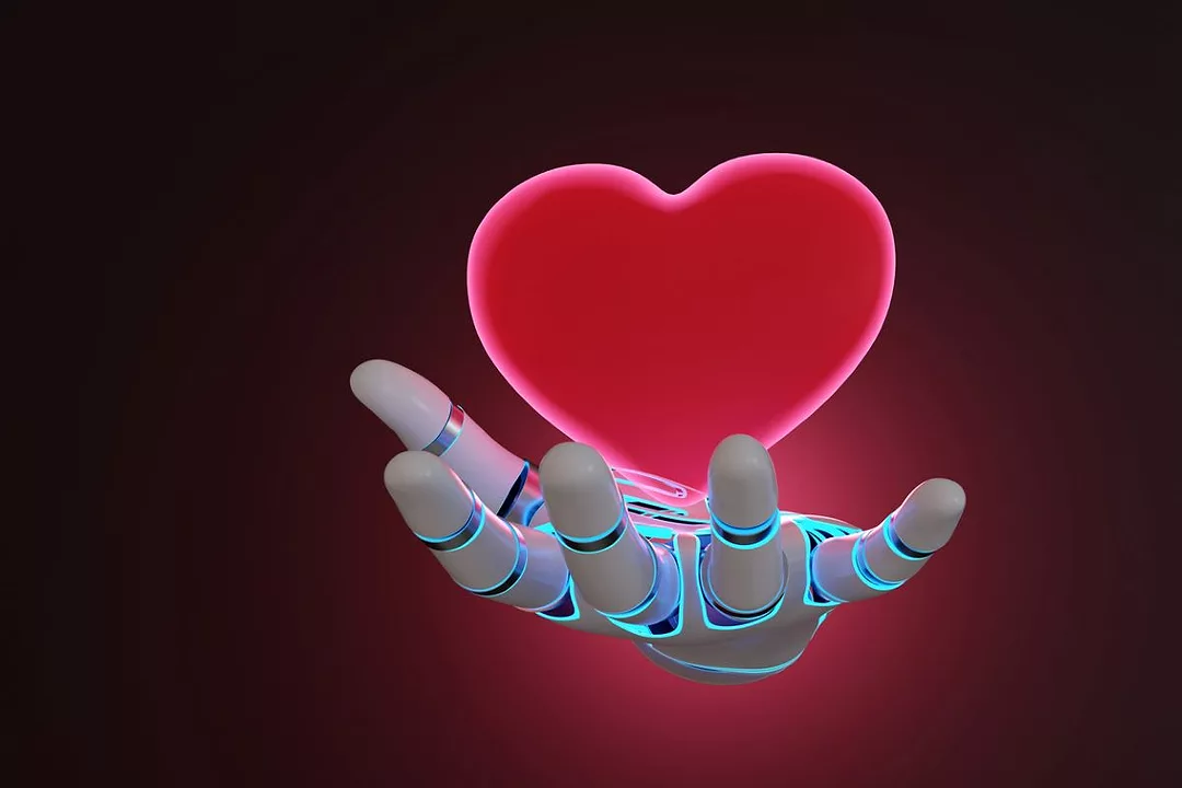 A LIGHT-RIMMED ROBOT HAND HOLDS OUT A GLOWING PINK HEART